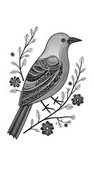 Here is an image generated by AI in a minimalist black and white coloring book style, depicting a simple little bird using doodles with thick and thin lines and circles. The background is white with n