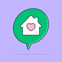 White line Real estate message house in speech bubble icon isolated with long shadow background. Green circle button. Vector, Heart icon.