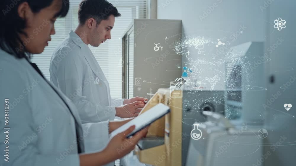 Aufkleber Mixed media of group of multinational researchers experimenting in laboratory and science technology. Research and development concept.