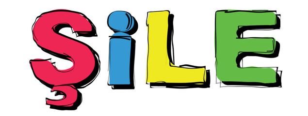 SILE. Handwritten curved bright color text. Doodle outline of letters. Place in Turkey SILE for social network, Turkish web resource, mobile app, game, t-shirt.