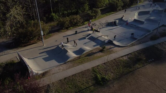 Arial shot of young people at a skate park in Atlanta, GA
