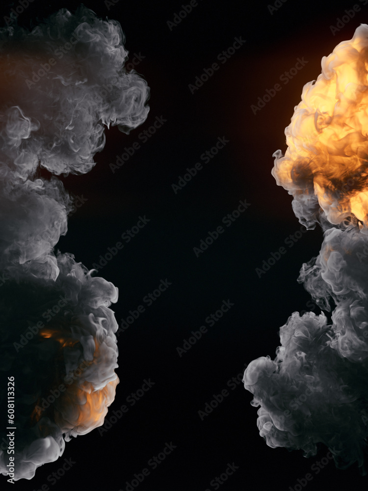 Aufkleber detonation with dark smoke on a black background. abstract hot explosion. 3d rendering background. d