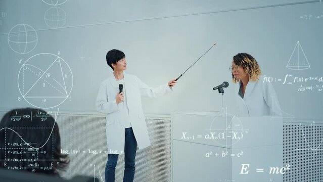 Mixed media of multinational people giving science class. Science education concept.