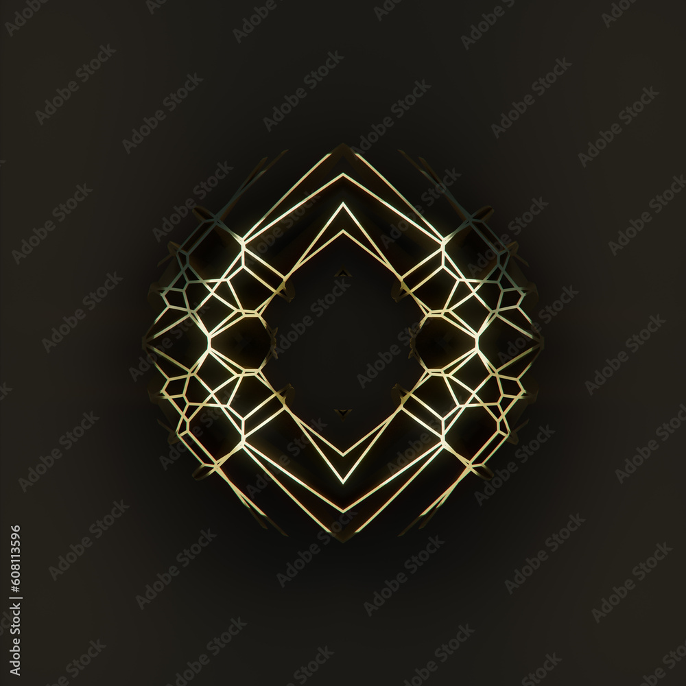 Poster digital illustration of a futuristic gold construction on a dark background. 3d rendering pattern