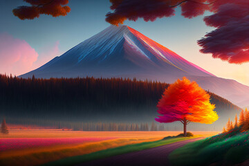 Mountain landscape, Beautiful scenic landscape of mountain Fuji, Travel and twilight camping. Sunset, pink clouds in the sky. Generative AI.