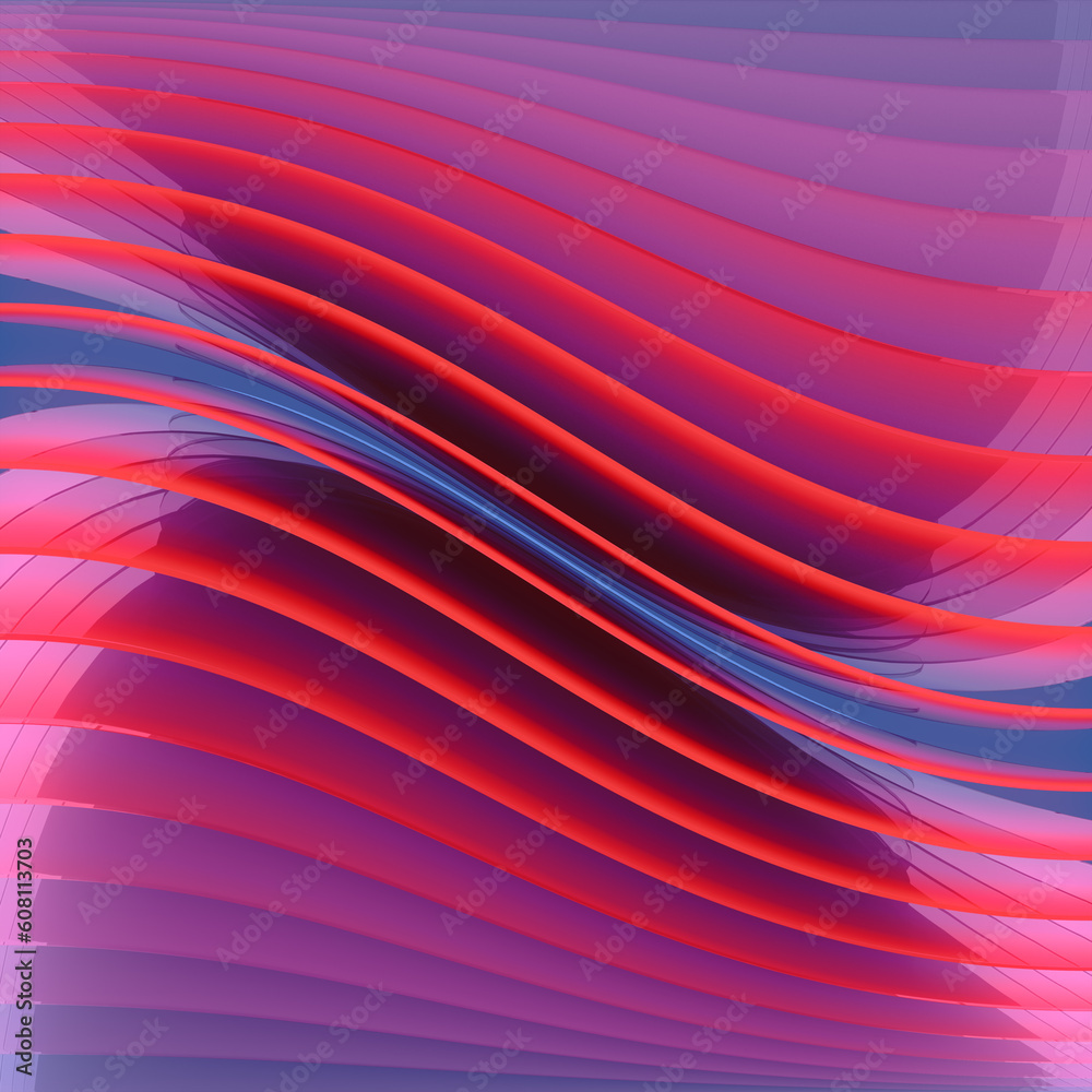 Poster Curved luminous stripes background of neon color. Abstract geometric texture. 3d rendering digital illustration