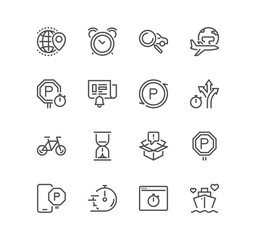 Set of delivery and world travel related icons, package box, journey, traffic sign, sand watch, time, reminder, alert, flight, navigation and linear variety vectors.