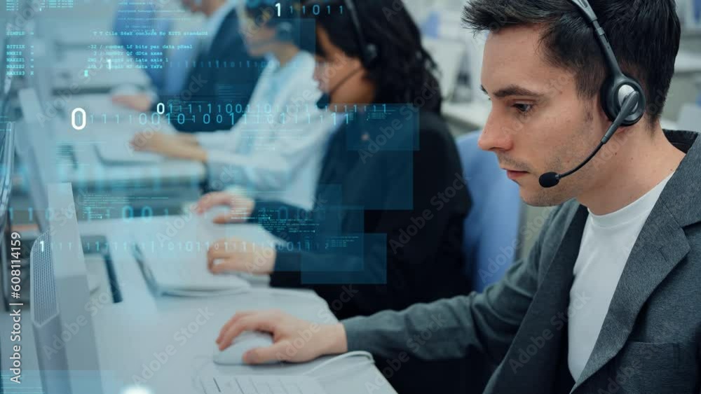Poster Mixed media of multi national operator working in call center and digital technology concept. Worldwide business. Telemarketing.