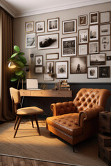 An inviting living room with a warm and cozy atmosphere, featuring a vintage deck, a plush leather armchair, and a gallery wall adorned with photo frames. Generative AI