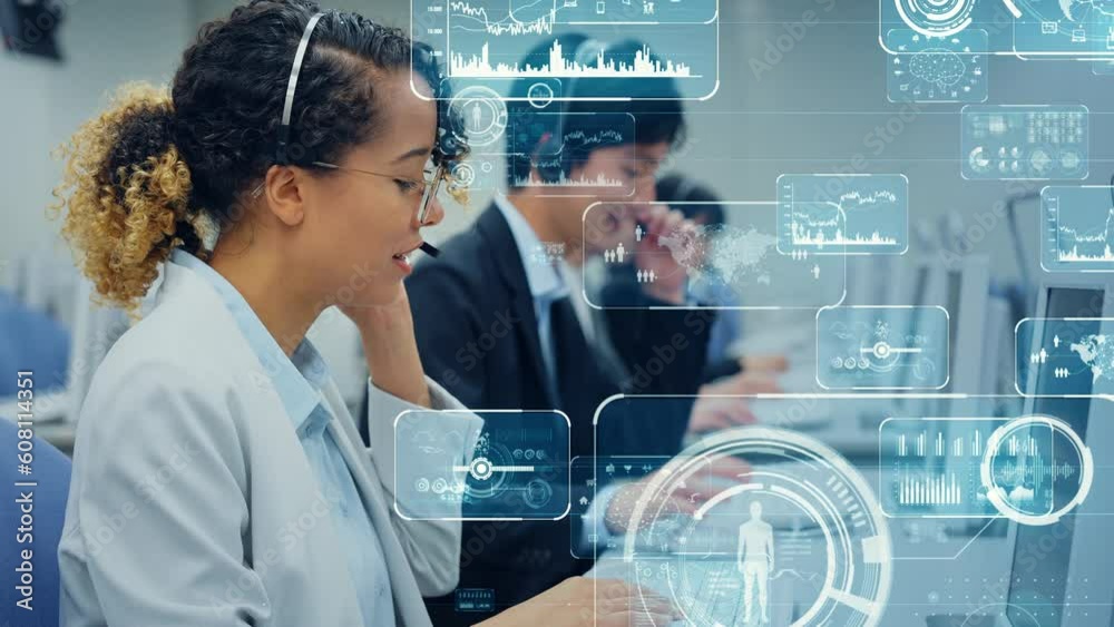 Poster Mixed media of multi national operator working in call center and digital technology concept. Worldwide business. Telemarketing.