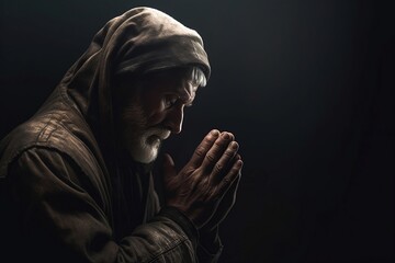 Old man praying in the dark room with his hands folded in prayer created with Generative AI technology