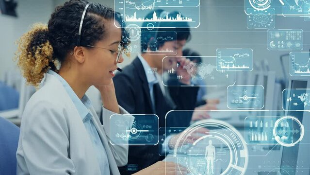 Mixed media of multi national operator working in call center and digital technology concept. Worldwide business. Telemarketing.