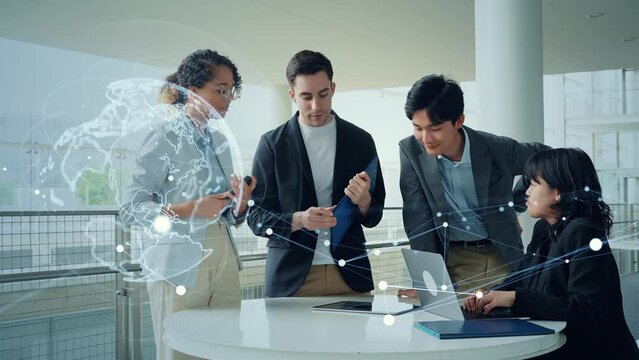 Mixed media of group of multinational businesspeople meeting in lobby and global communication network concept. Worldwide marketing.