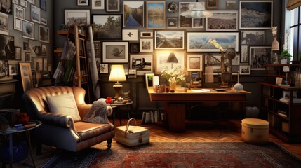 An inviting living room with a warm and cozy atmosphere, featuring a vintage deck, a plush leather armchair, and a gallery wall adorned with photo frames. Generative AI