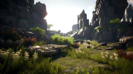 landscape of the forest with rocky mountains in sunlight ai images generated