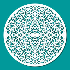 Round panel with floral pattern. Decorative design element with lace, openwork ornament. Template for plotter laser cutting of paper, fretwork, wood carving, metal engraving, cnc. Vector illustration.