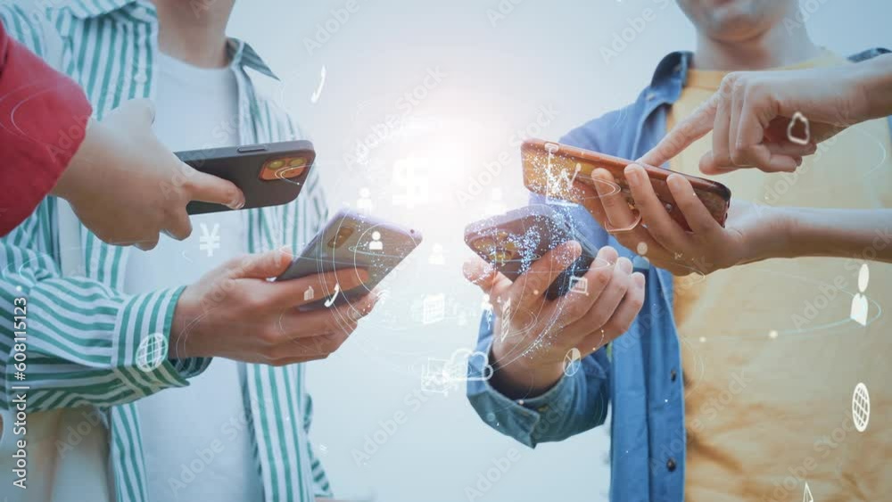 Poster Mixed media of Multinational people using smart phone and mobile communication network concept.