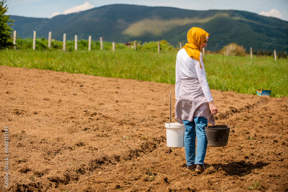 Sticker a female farmer in hijab scarf working on an agricultural fields in garden on country village.