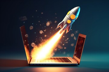 Revolutionizing Internet Speed: A Laptop and Rocket Concept, Generative AI.