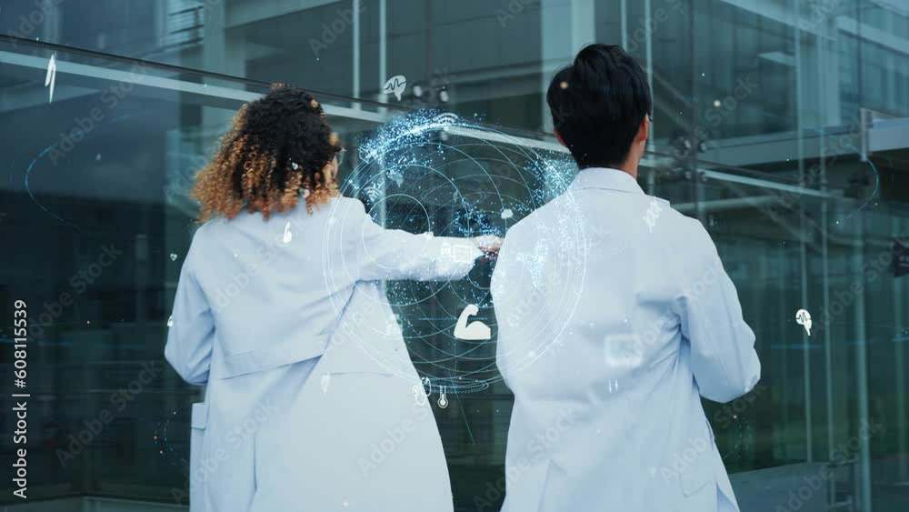 Poster mixed media of group of doctors walking in lab and medical technology concept. science technology.