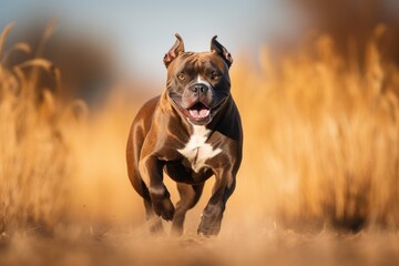 American Staffordshire bull terrier running in the autumn field. Ai generated - obrazy, fototapety, plakaty