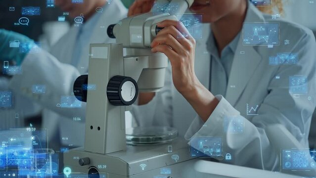 Mixed media of group of multinational researchers experimenting in laboratory and digital data concept. Research and development concept. - Powered by Adobe