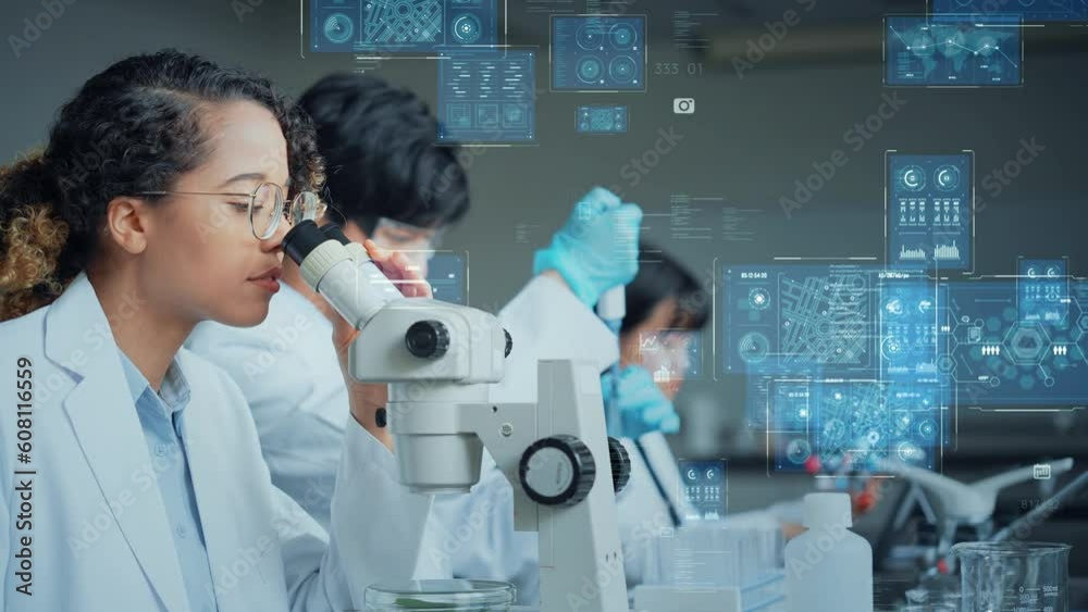 Poster Mixed media of group of multinational researchers experimenting in laboratory  and digital data concept. Research and development concept.