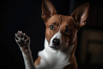 Portrait of Basenji dog with a raised paw on dark background Ai generated