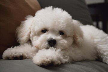 Cute white bichon frise dog lying on the sofa at home Ai generated