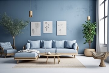 Minimalist Japandi Living Room with White and Blue Frame Mockup, Rattan Furniture, and Farmhouse-inspired Wallpaper, Generative AI.