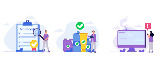 Product quality control, defective product testing and safety control. Vector illustration.