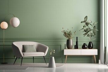 Contemporary Interior Design: A Cozy Living Room with Trendy Monochrome Sage Green Wall, Stylish Table, House Plants, and Chair, Generative AI.