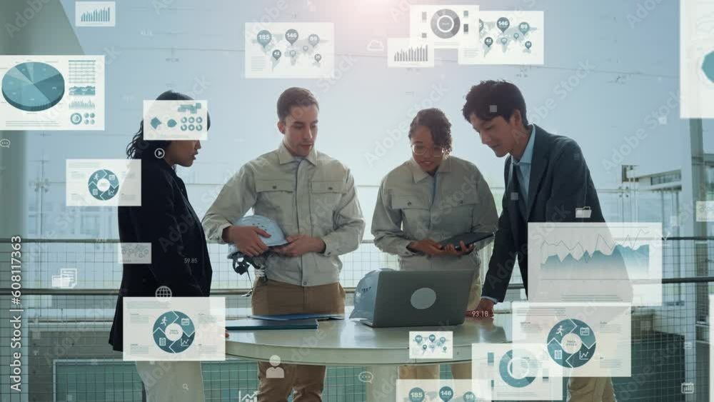Poster mixed media of group of multinational businesspeople and engineers meeting in office building and di