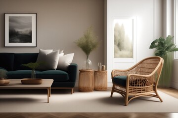 Beautiful cozy living room with wicker rattan chair. AI generated.