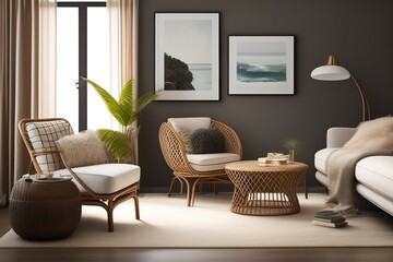 Beautiful cozy interior design of bright living room in boho style with sofa and rattan armchair. AI generated.