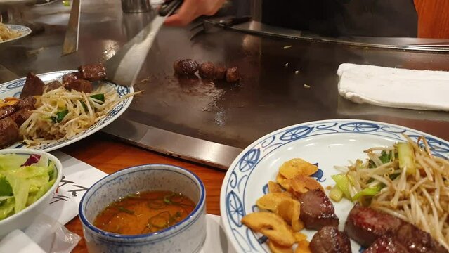 Kobe beef steak juicy meat serve marble beef tepanyaki cooking Japanese style