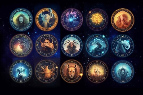 Magical Zodiac Signs Set in the Universe, Generative AI.
