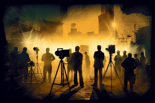 Retro Movie Set: A Featuring Silhouettes of People Filming a Motion Picture with Behind the Scenes Imagery, Massive Movie Set, Stage Artwork Illuminating Lights., Generative AI.