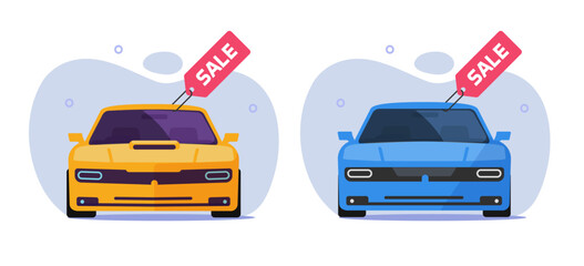Car sale icon vector, new vehicle sell or rental trade shop graphic illustration, dealer store promotion image clipart, buy purchase automobile yellow blue service, dealership promotion