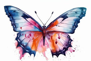 Obraz na płótnie Canvas Hand-Drawn Watercolor Butterfly with Splashes on a White Isolated Background, Generative AI.