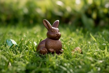 Fototapeta na wymiar Chocolate Easter Bunny in Grass Image. Generative AI
