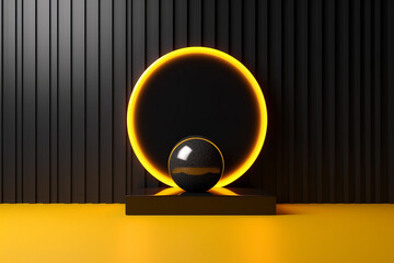 Empty Black and Yellow Scene Banner. Modern, Minimalistic, Abstract Presentation Template, Advertising Space with 3D Surface, Design Shapes and Lines. Generative AI