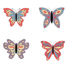 Fototapeta na wymiar Groovy butterfly, retro. Hippie 60s 70s elements. Floral romantic sign and symbols in trendy cute retro style. Yellow, pink colors.