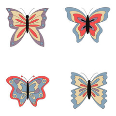 Plakat Groovy butterfly, retro. Hippie 60s 70s elements. Floral romantic sign and symbols in trendy cute retro style. Yellow, pink colors.