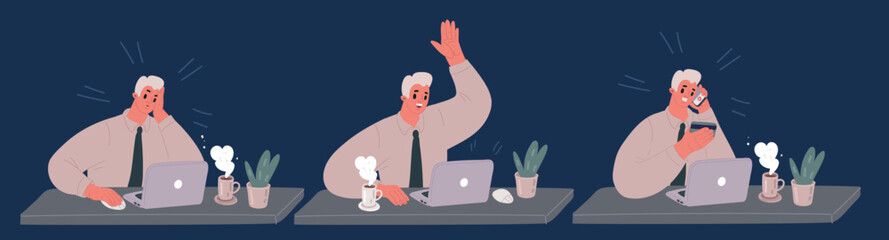 Cartoon vector illustration of Happy businessman is sitting at desktop. Work the computer, financial analytics. Support call center man working in office scense. Boaring, chating with collegues