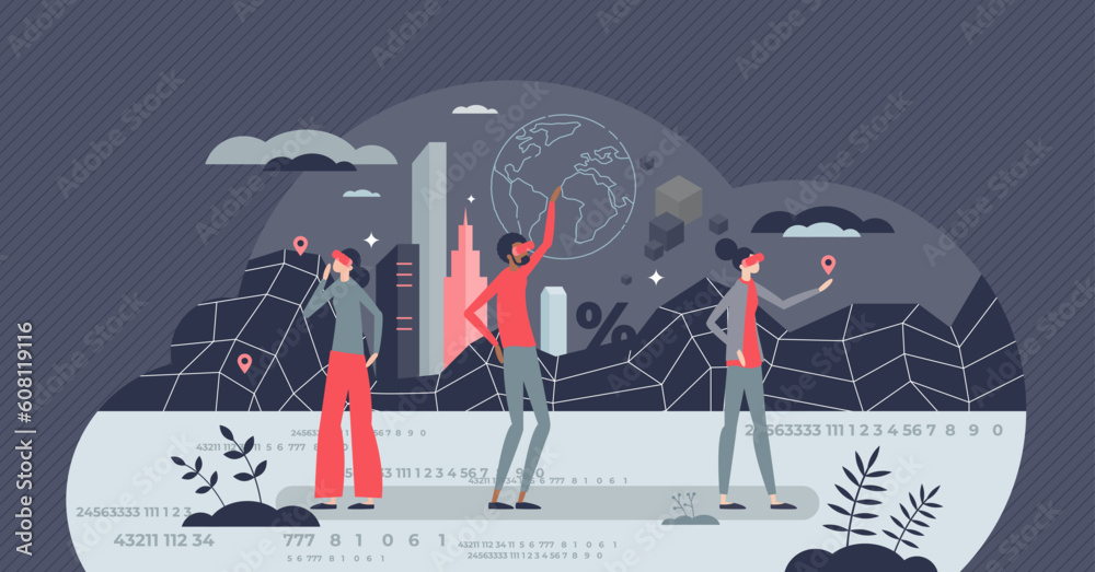 Wall mural virtual reality or vr experience using goggles technology tiny person concept. visual hologram for e