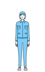 正面を向いた笑顔の帽子と作業着姿のシニア女性（経営者、管理職、上司）