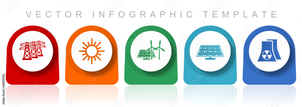 Poster renewable energy icon set, flat design miscellaneous colorful icons such as power line, sun, solar p