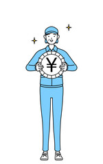 為替差益や円高のイメージ、帽子と作業着姿のシニア女性（経営者、管理職、上司）