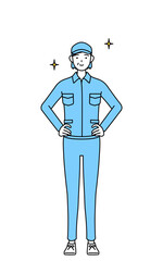 両手を腰に当てた帽子と作業着姿のシニア女性（経営者、管理職、上司）